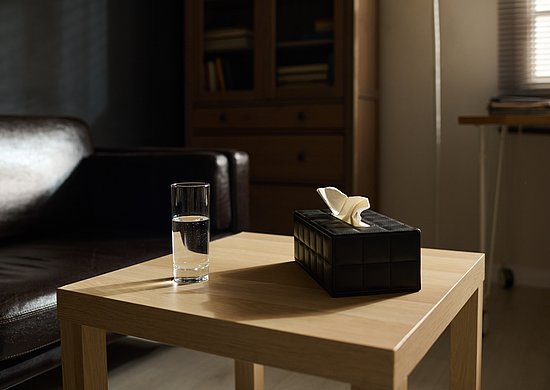 Ein Raum mit einem Couchtisch um Fokus. Darauf steht ein Glas mit Wasser und eine Box mit Taschentücher. Im Hintergrund steht ein Sofa