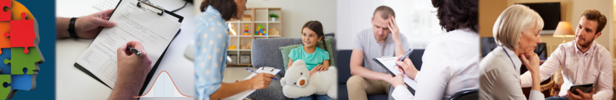 Mehrere Bilder nebeneinander. Bild 1 zeigt ein Klemmbrett, Bild 2 zeigt ein junges Mädchen auf einem Sessel, eine Frau unterhält sich mit ihr, Bild 3 und Bild 4 zeigen wie ein Therapeut/eine Therapeutin mit dem Patienten spricht