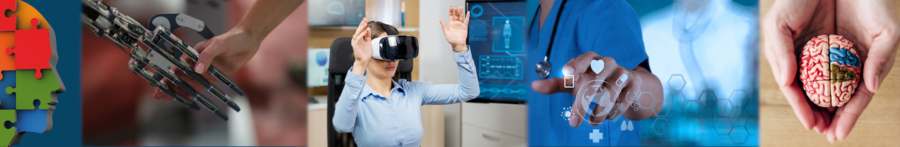 Mehrere Bilder nebeneinander: Bild 1 zeigt eine menschliche Hand und die Hand eines Roboters, Bild 2 zeigt eine Frau mit einer VR-Brille, Bild 3 zeigt Hände, die ein Modell des menschlichen Gehirns halten