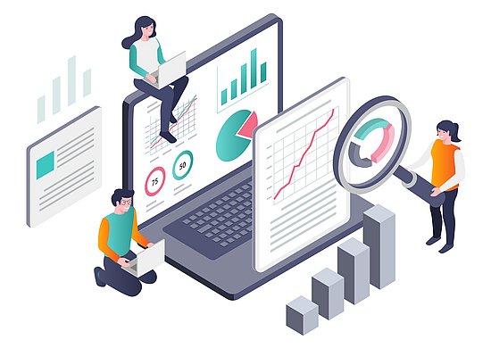 Eine Graphik mit drei Personen. Sie analysieren Daten und Diagramme, u.a. mit einer Lupe.