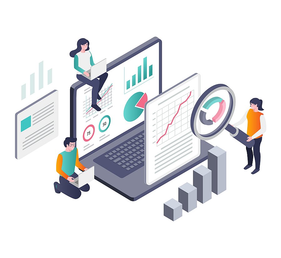 Eine Graphik mit drei Personen. Sie analysieren Daten und Diagramme, u.a. mit einer Lupe.
